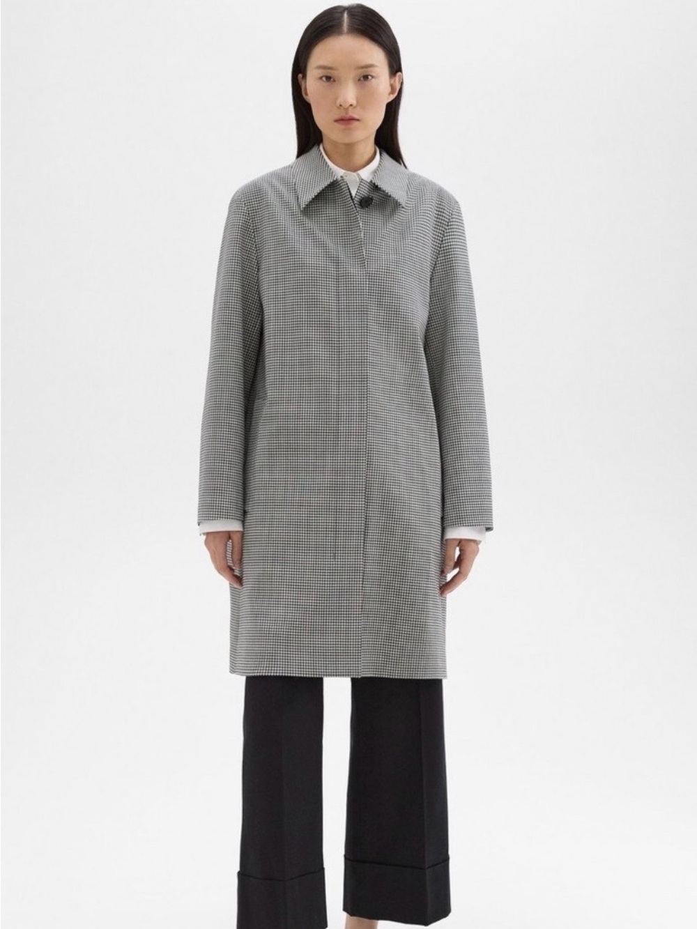 Theory Wool Blend Check Car Coat Black/White Mid-Length Lined XL